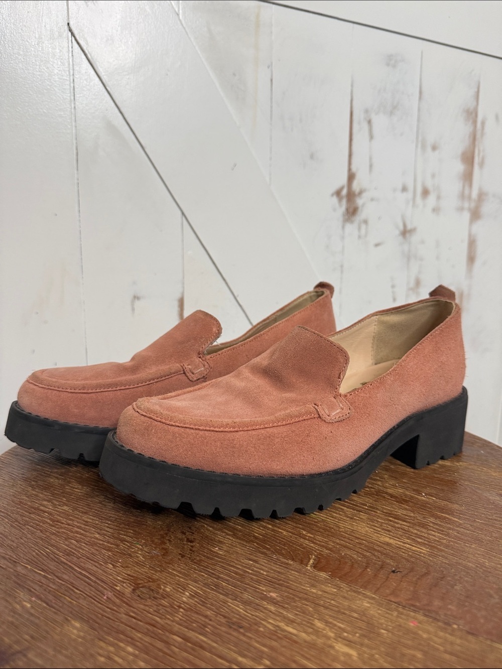 Hush Puppies Lucy Suede Loafers in Dusty Pink with Chunky Black Sole